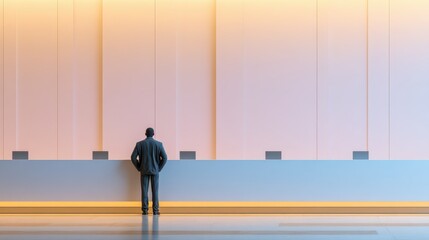 Customers concern service concept. A person stands thoughtfully in front of a minimalistic wall in a modern space.
