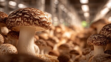Captivating closeup of shiitake mushrooms cultivation in a farm setting