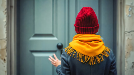 A person, seen from behind, extends a hand to open a vibrant blue door. The individual is wearing a striking red hat and a cheerful yellow scarf.