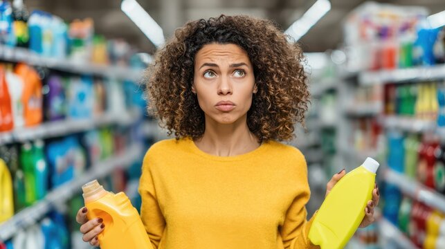 Customers concern service concept. Confused shopper deciding between two bottles in a colorful store aisle.