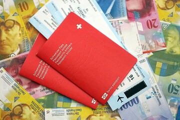 Swiss franc banknotes and passport with tickets. The current francs money bills and biometrical pass