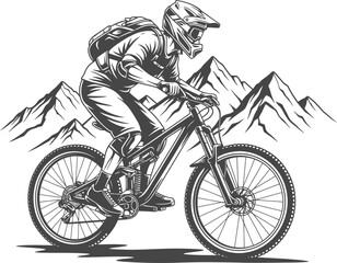 Naklejka premium Mountain Biker Riding Vector - Silhouette & Line Art Illustration