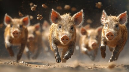 Group of wild boars, sus scrofa, running in spring nature