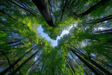 'In the lush, green forest, tall trees reach towards the blue sky with sunlight shining through their leaves.