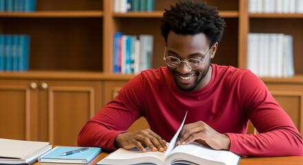 Young black man wearing glasses smiling while reading a book in a library