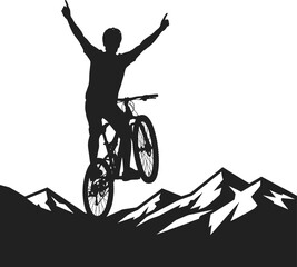 Dynamic Mountain Biker Silhouette - Rider on Mountain Peak Vector