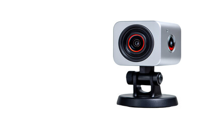 Close up of a silver webcam with a black lens and a red ring on a black stand on a black background