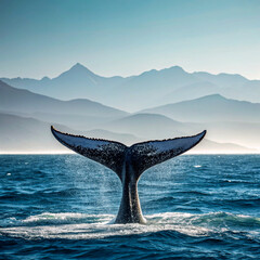 Fototapeta premium Majestic whale tail emerges from the ocean waves with misty mountains in the background