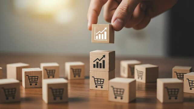 Optimizing e-commerce sales growth is visualized by a hand carefully stacking wooden cubes featuring cart and bar graph icons, representing successful business strategy and market analytics.