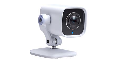 A white webcam with a black lens and a blue light on a white stand against a black background