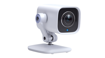 A white webcam with a black lens and a blue light on a white stand against a black background