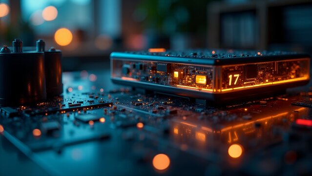 Abstract circuit board with glowing numbers digital technology background