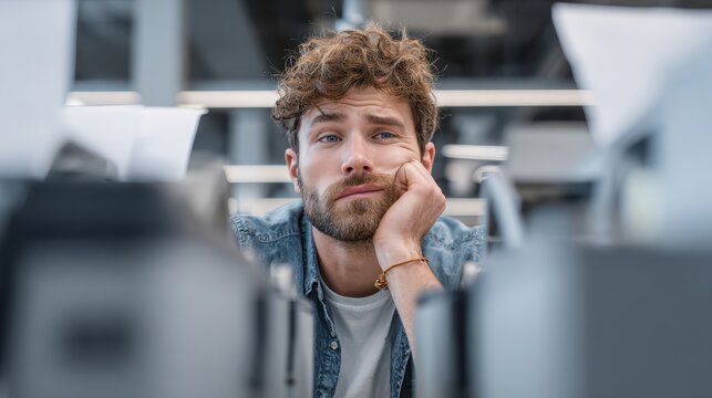 Customers concern service concept. Bored young man resting his chin on his hand in a modern workspace.