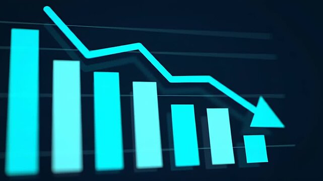 Aqua Bar Chart Showing a Downward Trend Arrow on Dark Blue Background Demonstrating Financial Loss and Recession