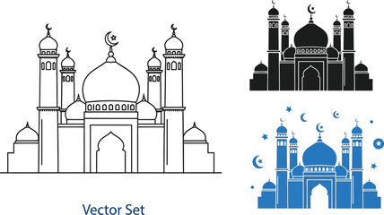 detailed architectural drawing of a grand islamic mosque, intricate domed structure with minarets, ornate design with decorative arches and domes, black and white line art, vector illustration
