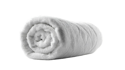 A close up view of a rolled up white fluffy towel against a black background in a studio setting