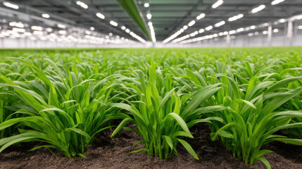 Indoor farm with rows of healthy green plants growing under artificial lights in a controlled environment.