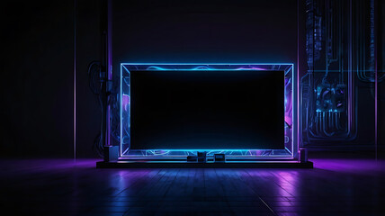 Dark black background with glowing blue and purple neon light accents, soft reflections, and a sleek futuristic look. Modern and stylish composition with space for placing electronic products or brand