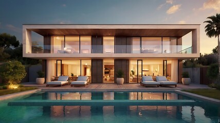 Fototapeta premium Elegant contemporary villa with a pool in front, sunset glow, 3D rendering