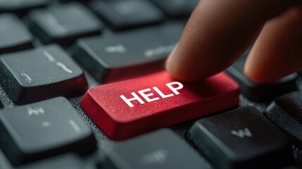 Customers concern service concept. A finger pressing a red "HELP" key on a computer keyboard.