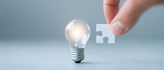 Innovative idea activation a hand placing the final piece into a light bulb studio setting photograph minimalist environment close-up perspective
