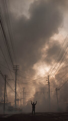 Person stands with raised arms amidst smoky, dramatic urban landscape, surrounded by power lines and cloudy sky