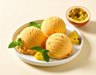 Three vibrant scoops of tropical fruit ice cream are presented on a white plate with fresh mint and pineapple, next to a half passion fruit.