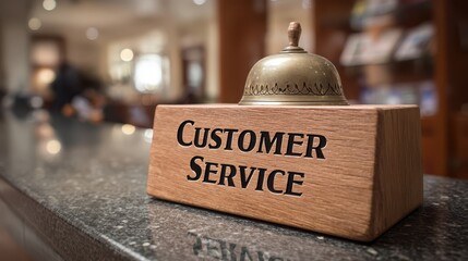 Customers concern service concept. Wooden customer service bell on a polished counter at a reception desk.