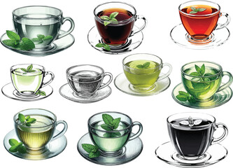 Transparent Glass Teacup with Tea and Mint on Saucer