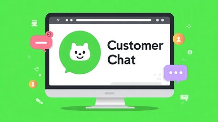 Customers concern service concept. Online customer chat interface on a computer screen with vibrant green background.