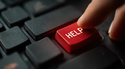 Customers concern service concept. A finger pressing a red "HELP" button on a computer keyboard.