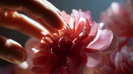 Close up of hand brushing flower petals, natural shadow behind