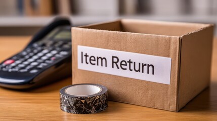 Customers concern service concept. Cardboard box labeled "Item Return" next to a calculator on a wooden surface.