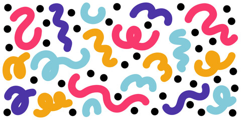 Colorful line doodle horizontal backdrop. Trendy design with basic shapes. Party confetti texture on white background