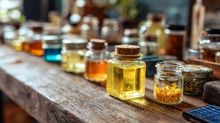 DIY workshop bench with natural oils and jars