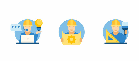 A man in a construction helmet presents repairs and maintenance. The concept of training, design and consultation. A vector set of three repair icons. A set of icons in a flat style for design