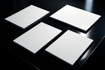 *Modern presentation slides mockup with paper thickness lying diagonally on glossy black table, sharp directional lighting for high-tech professional vibe with copy space*