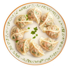 Steamed dumplings with fresh green herbs on a decorative plate