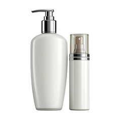 Two white bottles with silver accents against a plain background view isolated on transparent background