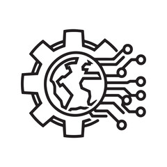Global Technology Integration Icon with Gear and Digital Circuit Elements