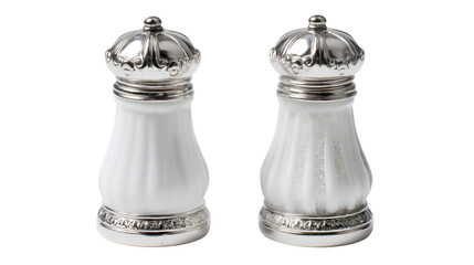 A pair of elegant salt and pepper shakers with silver tops and white glass bodies on a black background