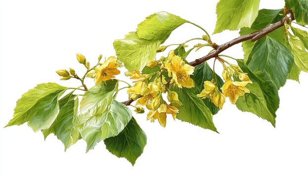 Blooming yellow linden branch on white, for nature-themed designs & natural product ad