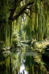 Obraz premium Weeping willow branches cascading over tranquil forest stream, draping green foliage near flowing water