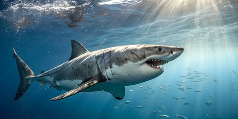 Fototapeta premium Photorealistic Great White Shark Close-up: Detailed Ocean Predator with Sunlight & Fish School
