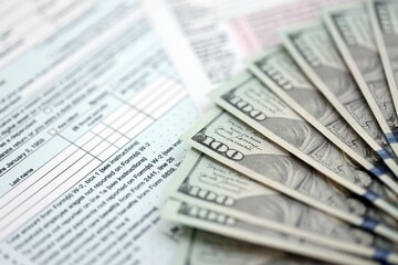 Big amount of United States dollar bills on table with 1040 tax return form