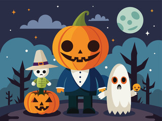 Classic Halloween Walk Scene with Moon and Bats