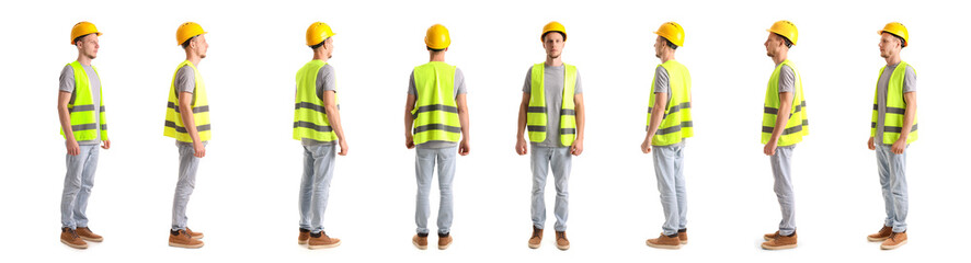 Set of male worker in vest and hardhat on white background