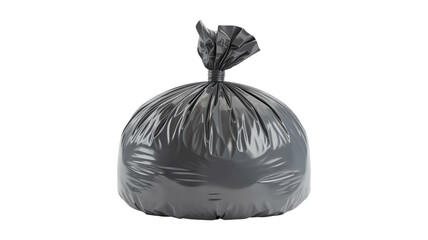 close up of a plastic bag for trash waste on white background,Black Garbage Bag Tied at Top on White Background – Glossy Plastic Waste Bag Product Photo

