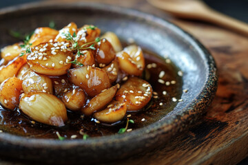 Caramelized pearl onions with sesame seeds, a delicious gourmet dish.