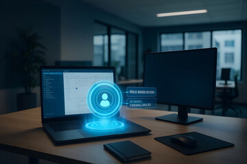 Cybersecurity concept of role based access featuring a laptop and monitor in a professional office setting representing network security.